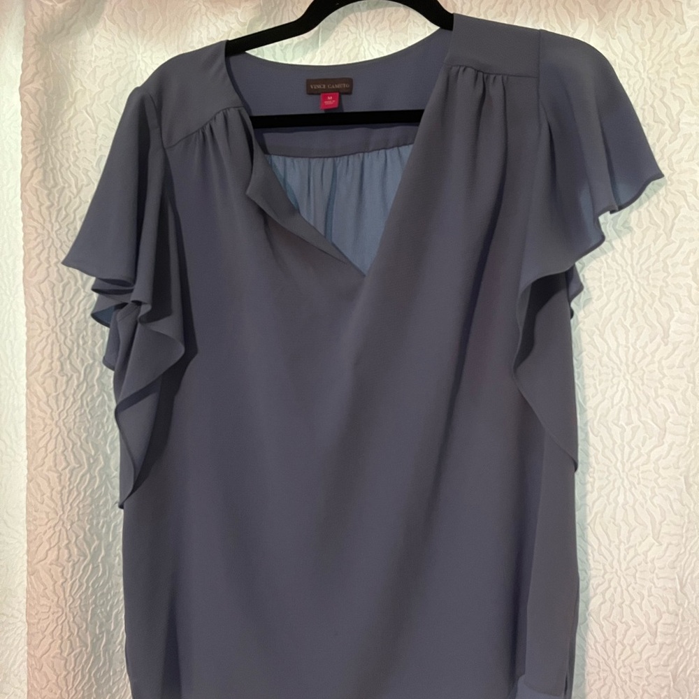 Vince Camuto Gray Flutter Sleeve Ruffled Blouse